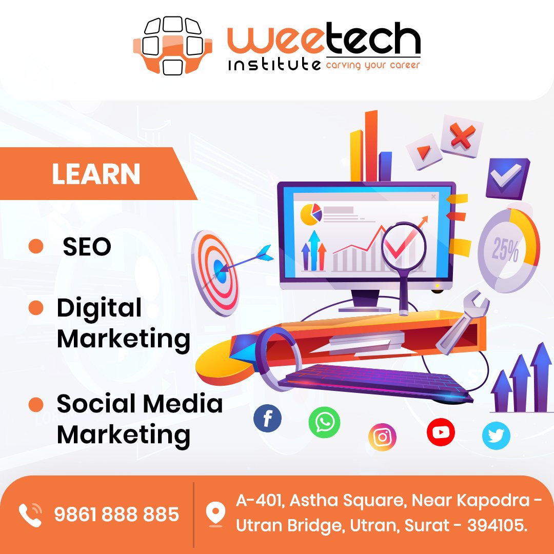 WeeTechInstitut's tweet photo. WeeTech Institute Offers Best Digital Marketing Training in Surat.
Aimed For Freshers,Working Professional, &amp; Business Owners with
Latest Curriculum, 100% Practical Exposure and Live-Assignments.
#seo #digitalmarketingtraining #seotraining #suart #seocourses #learnseo #institute https://t.co/NqXUDlNGAE