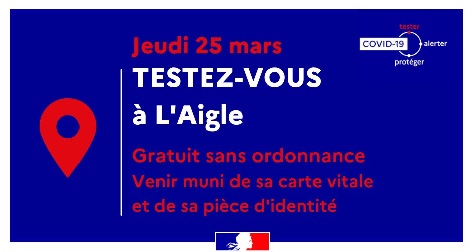 #covid19 
📢 Campagne de #dépistage à L'#Aigle
📅 Le jeudi 25 mars 2021 de 9h à 16h30
📍 Salle Michaud
Sans RDV - Sans ordonnance
Au moindre doute, je me fais dépister !
Plus d'info 👉bit.ly/3tzB7gQ
#orne  #laigle
