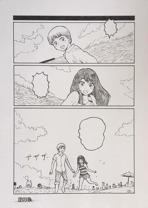 自作漫画「百年後」第1話のラストページ。仕上げ前のものです。

1話完結のつもりで描いたので、左下には「END」と✨

早く読み切りの漫画仕上げて、百年後の続き描かないと…? 