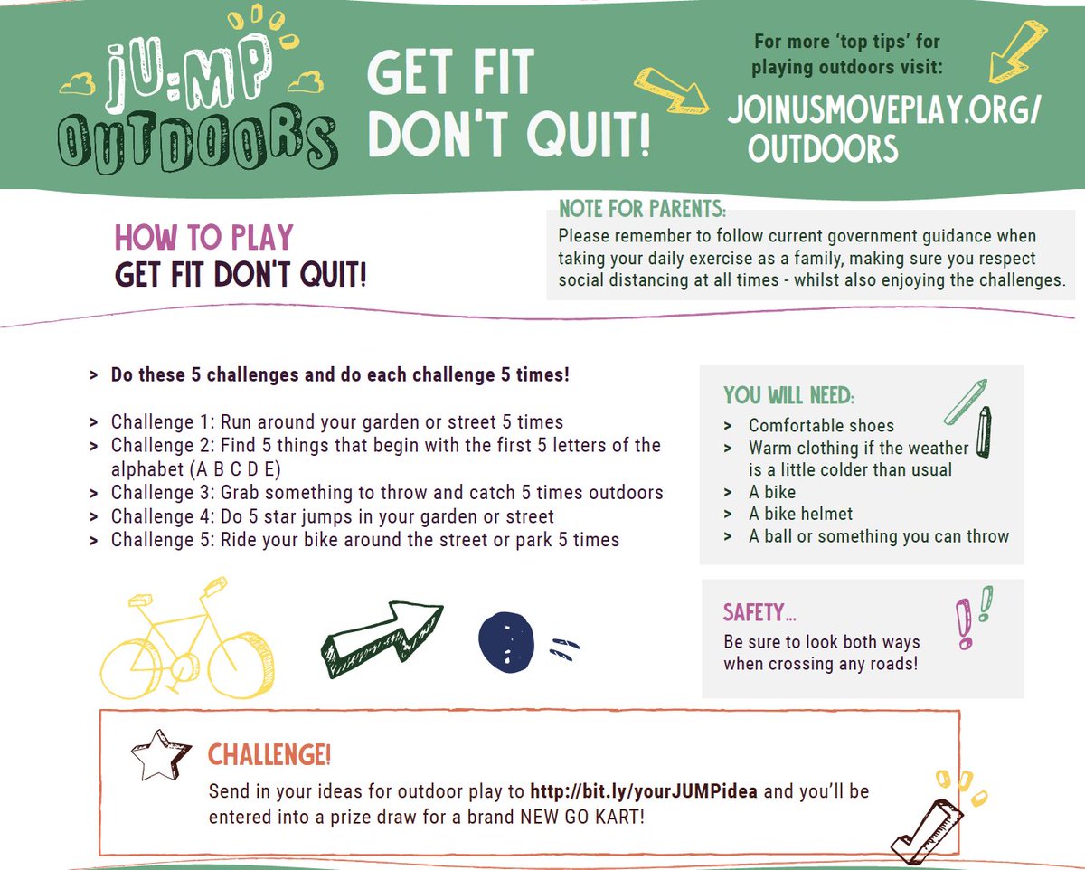 JoinUsMovePlay's tweet photo. Week 6 JU:MP challenge! Can you play Get fit don't quit? Many thanks to pupil Ismail @MMPS_Bradford for sending this great idea! Kids can submit their own outdoor play ideas at https://t.co/zX6RiD9U7V &amp; have the chance to win a Go Kart because #OutdoorPlayMatters #playfirst! https://t.co/2sA6wo5TEH