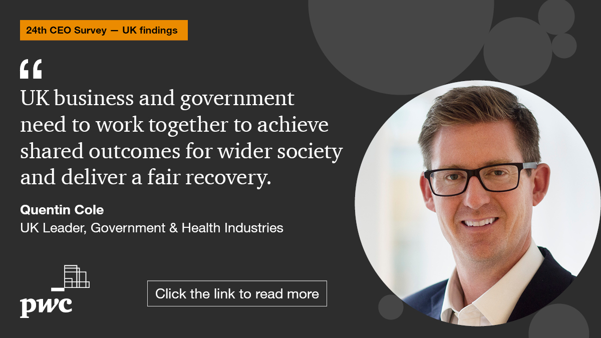 .@PwC_UKs latest #CEOSurvey highlights #skills, #infrastructure and #NetZero as priorities for the Government – all of which will play a key role in ensuring a fair recovery. Read more in <a href="/QuentinCole_/">Quentin Cole</a>’s blog  bit.ly/30ROeO6 #FutureOfGov