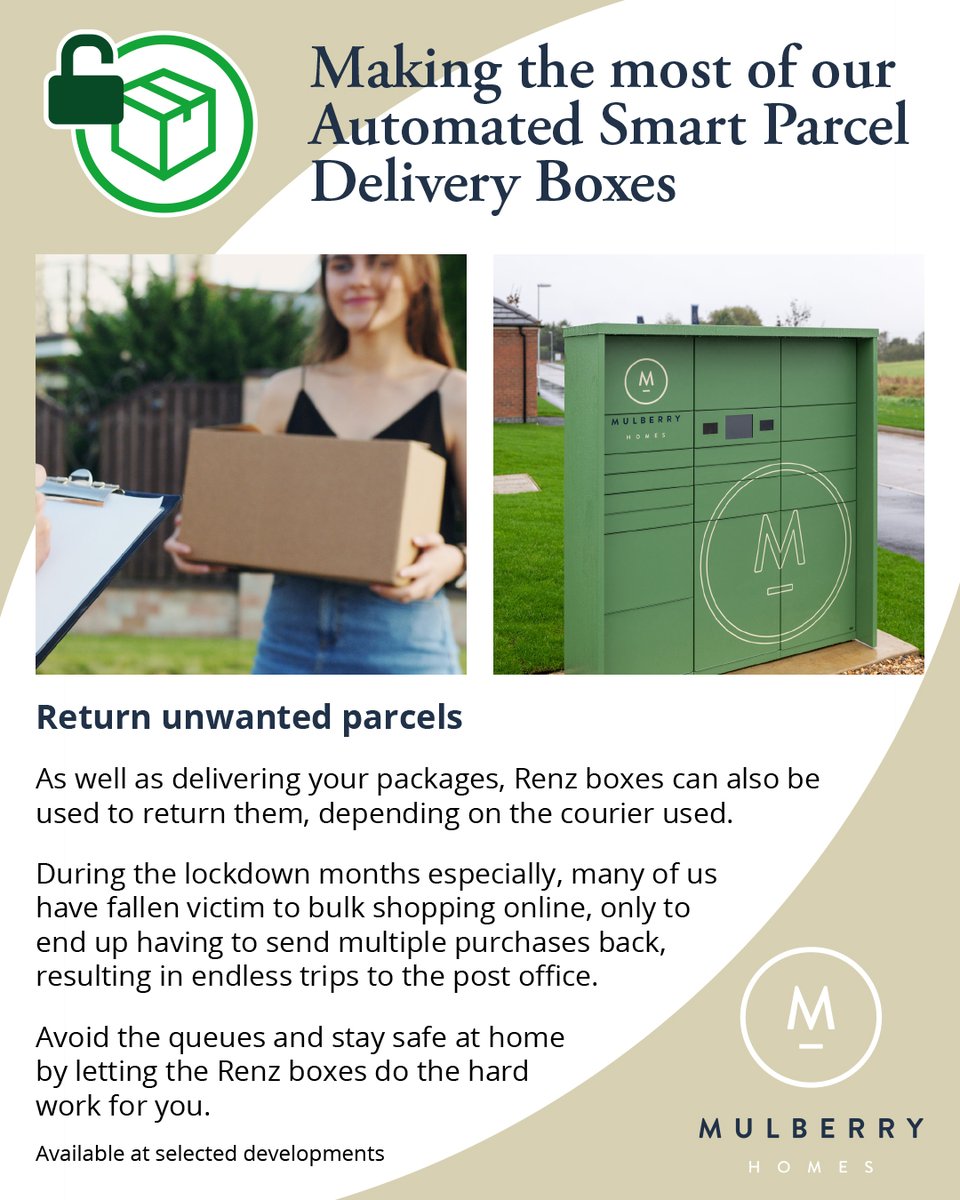 MulberryHomesUK's tweet image. Our top ways utilising a Renz box can provide a huge helping hand:

4. Return unwanted parcels

As well as delivering your packages, Renz boxes can also be used to return them, depending on the courier used. 

#renzboxes #deliveryboxes #benefits