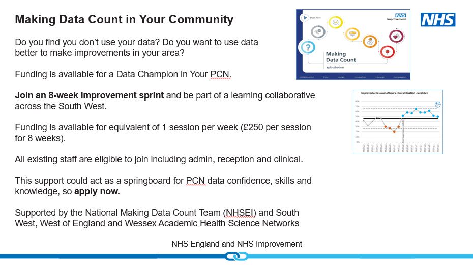 Health Innovation West of England (@healthinnowest) on Twitter photo 📣 How do you make #data count in your #SouthWest #PrimaryCareNetwork? Funding is now available to help!
Check out this short 📽️: ow.ly/B6qn50E165D
Then join a free <a href="/NHSEngland/">NHS England</a> session tomorrow: ow.ly/iLx350E165C
or 30 March: ow.ly/klRD50E165B
@AHSNNetwork 📣 How do you make #data count in your #SouthWest #PrimaryCareNetwork? Funding is now available to help!
Check out this short 📽️: ow.ly/B6qn50E165D
Then join a free <a href="/NHSEngland/">NHS England</a> session tomorrow: ow.ly/iLx350E165C
or 30 March: ow.ly/klRD50E165B
@AHSNNetwork