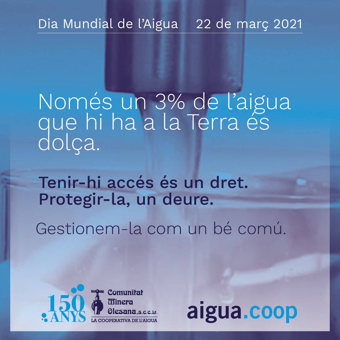 🔵💦 Avui és el #DiaMundialDelAigua. Sabies que només el 3% de l'#aigua de la Terra és dolça?

👉 Per garantir-ne l'accés a tothom, és essencial fer-ne un bon ús.

🌱 A la CMO, la gestionem com un bé comú i seguint els principis de l'#EconomiaSocial.

#Water2Me #WorldWaterDay