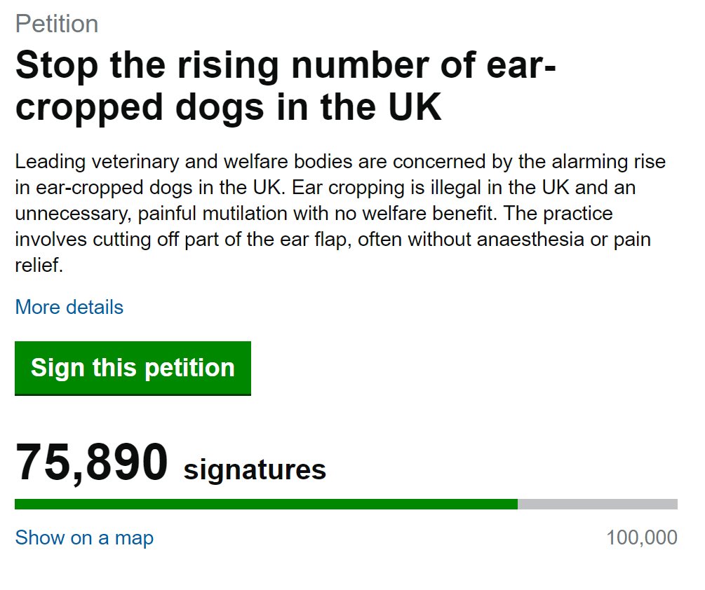 Battersea_PA's tweet photo. Good news in the fight against ear cropping! We're 3/4s of the way towards our 100,000 target on the petition against it.

Ear cropping is already illegal, but loopholes in the law mean we're seeing a rise in this cruel practice.

#FlopNotCrop

https://t.co/FPIGMnxha0 https://t.co/szgDxtrrIG