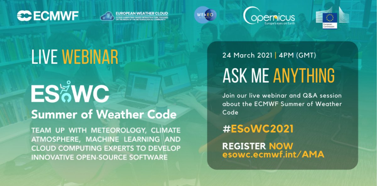 ECMWFCode4Earth's tweet image. If you'd like to become part of #ESoWC2021 crew, you may want to ask some ❓❓❓

Join our 2nd #AMA #webinar on 24 March at 4:00 pm (GMT) to learn more about a programme to develop #opensource #innovative #software👉bit.ly/2PflEnc

@ECMWF @CopernicusECMWF
@WEkEO_dias