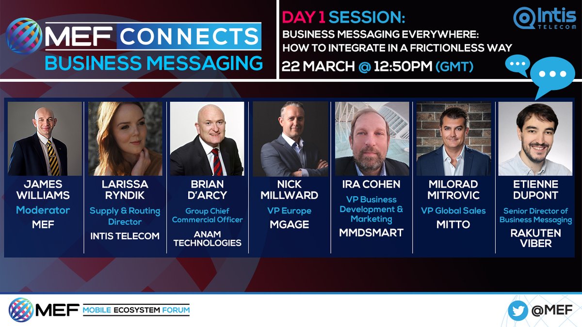 Today I will be attending the <a href="/MEF/">MEF (Mobile Ecosystem Forum)</a> connects #Business #Messaging event and participating on the 12:50pm panel on Business Messaging Everywhere and How to Integrate in a Frictionless Way. So join the discussion. 
<a href="/mGageLLC/">mGage (now Kaleyra)</a>