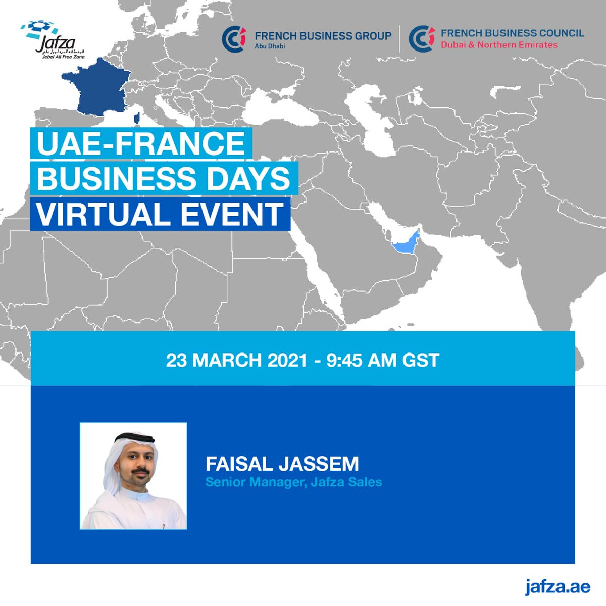 jafzadubai's tweet photo. Join Faisal Jassem – Senior Manager, Jafza Sales, as he discusses mobility and transport logistics, and Dubai’s role as a prime business development location for companies around the world during the “UAE - France Business Days” virtual event. Click the link in bio to register. https://t.co/QwdfD1PNNS