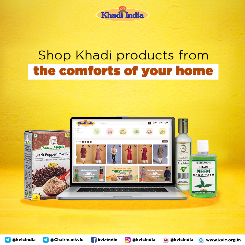 kvicindia's tweet photo. Khadi India's ecommerce website https://t.co/0D4wqJJpUu is exactly the place you need to be to shop online. Your favourite Khadi India products are just a click away.
#EKhadiIndia #KVIC #OnlineShopping #EngagedShoppers #Khadi #SwitchToKhadi #VocalForLocal #AamanirbharBharat https://t.co/RcJKiOgZaR