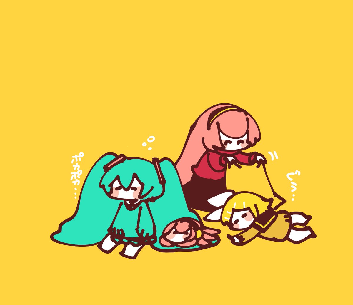 初音ミク ,鏡音リン ,巡音ルカ 「最近ぽかぽかだからうたた寝するボカロ達( ¨̮ ) 」|袁のイラスト