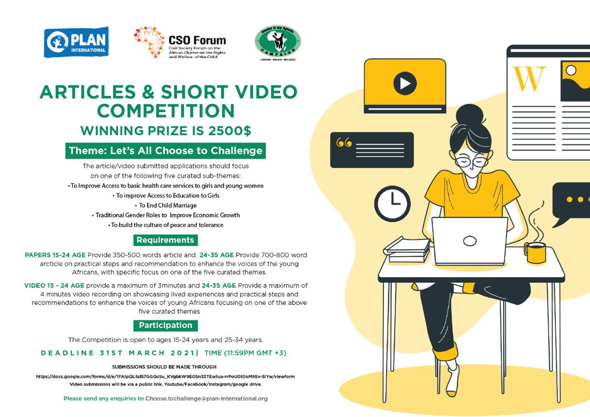 GimacNetwork's tweet photo. APPLY! DEADLINE 31 MARCH
Are you a young African aged between 15 - 34 years? Would you like to #ChooseToChallenge through creative writing? How about an exciting creative digital content in video form? What would you do if you won $2500? Here is an exiting opportunity for you! https://t.co/ccT7JfISzH