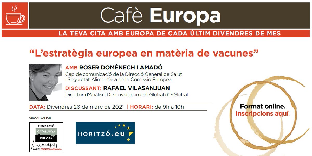 catalunyaeuropa's tweet photo. 💉Parlem de l'estratègia europea en matèria de vacunes amb @roserdomenech (@ComissioEuropea) i @rvilasanjuan (@ISGLOBALorg), aquest divendres a #CafèEuropa☕️

@HoritzoEuropa 

📅 26 de març a les 9h. Apunta't-hi👇
https://t.co/FwIfSjLw8v https://t.co/bCLI4grq8N