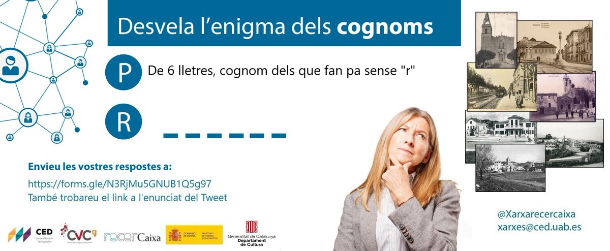 Bon dia !!!
És dilluns, i ja tenim aquí el sisè enigma.🧐
❓De 6 lletres, cognom dels que fan pa sense “r”.
✍️Envieu les respostes a: forms.gle/N3RjMu5GNUB1Q5…
Us animem a jugar, compartir i desvelar el seu secret
#Enigma #cognoms