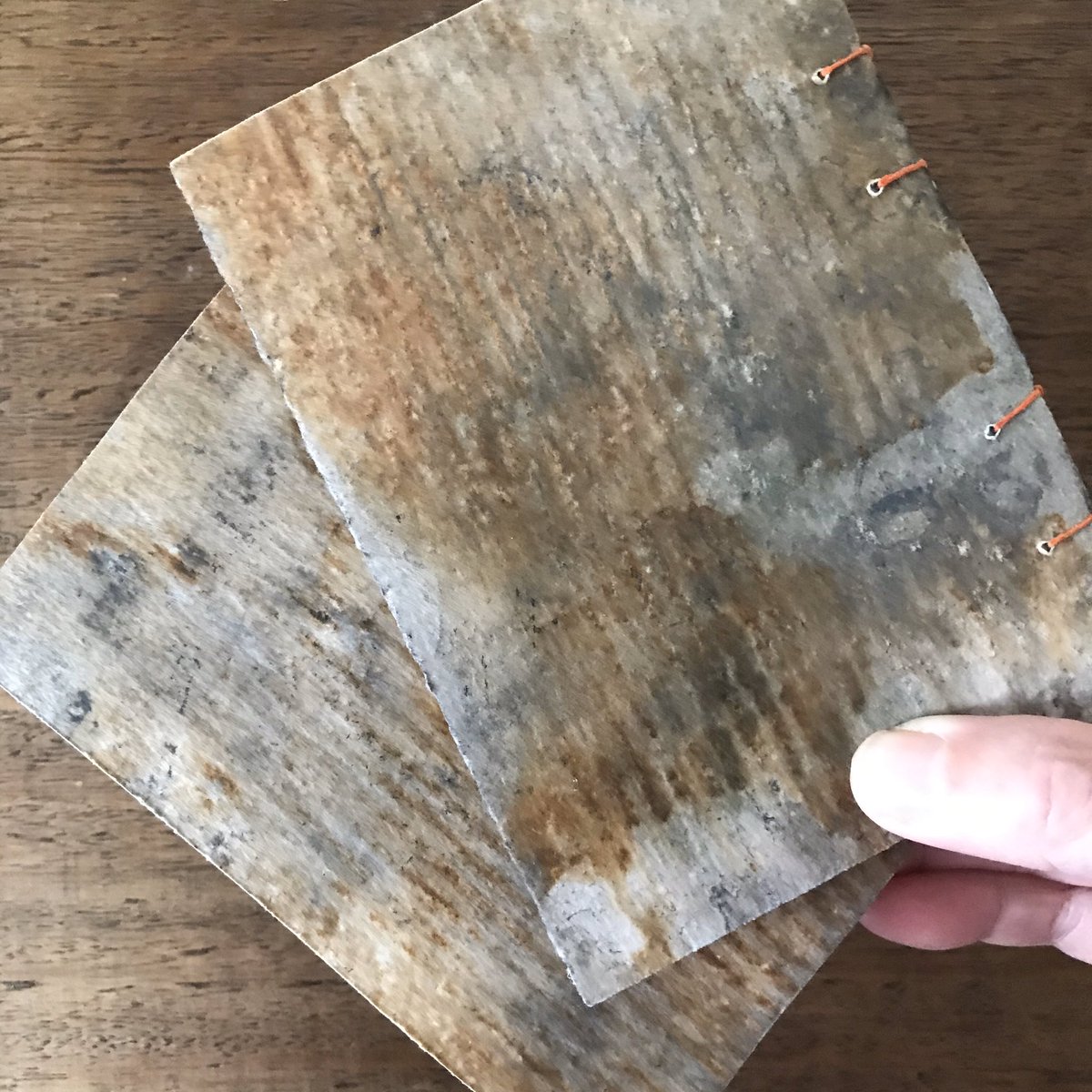 gonerustic's tweet photo. Windfalls 6 and 7 handmade books completed! Coptic binding with eco printed covers and blank pages; photo 1 shows the front and photo 2 the back. For more details and photos go to 
https://t.co/yOvvpnMr07 
#paper #print #book #copticbinding #ecoprint #rust https://t.co/G9xBmJ4Foq