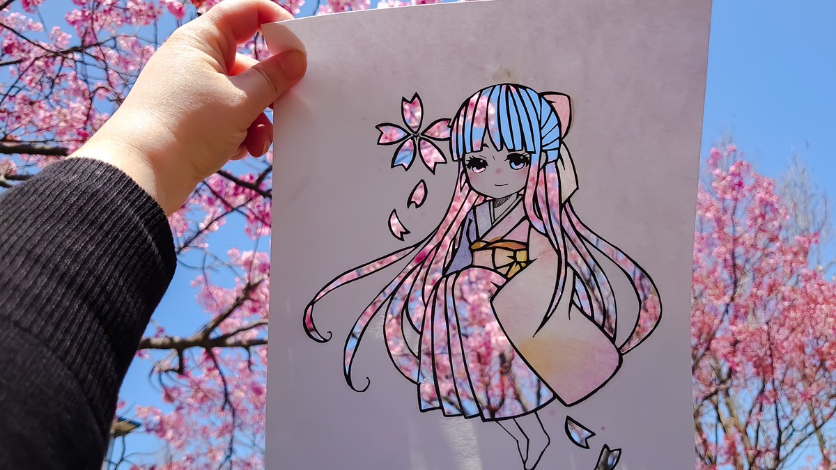 1girl japanese clothes kimono cherry blossoms long hair pink hair pink kimono  illustration images