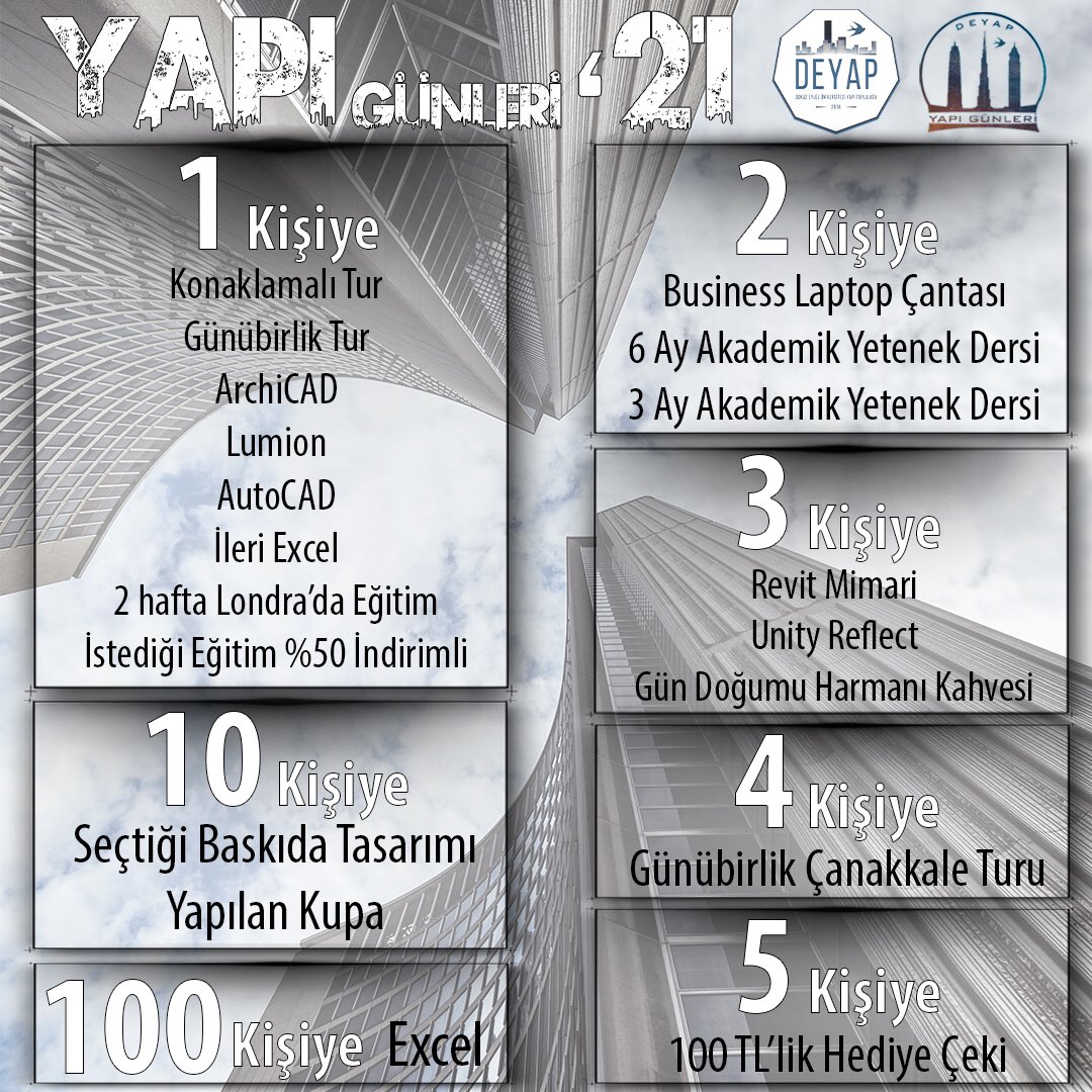 Sertifikalı eğitimlerimizden, sosyal gezilerden ve daha birçok içeriğe sahip olan çekilişlerimize katılmak için yapigunleri.org adresimizdeki formu doldurabilirsiniz. Ayrıca <a href="/deuyapi/">DEYAP</a> Instagram hesabımızdaki çekiliş postlarının şartlarını yerine getirmeniz gerekiyor. 😊