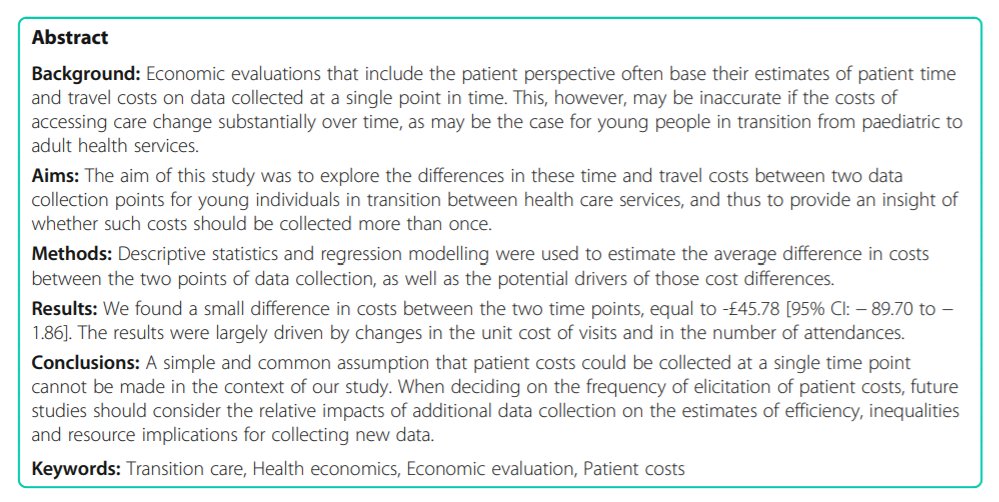 New Publication in <a href="/HSRatBMC/">Health Services Research at BMC</a>: 'Exploration of the costs of accessing health services: data from a longitudinal study of young people in transition from paediatric to adult services' by @JulijaS10, @TomosRobinson1 &amp; Luke Vale:bit.ly/2PiEj1j <a href="/TransitionRes/">Transition</a> #healtheconomics