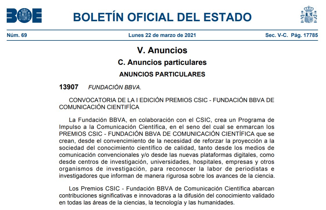 Convocatoria de la I Edición de Premios <a href="/CSIC/">CSIC</a>  – <a href="/FundacionBBVA/">Fundación BBVA</a> de Comunicación Científica

🗓️Plazo: 30 de abril a las 12.00 horas

👇👇
boe.es/diario_boe/txt…