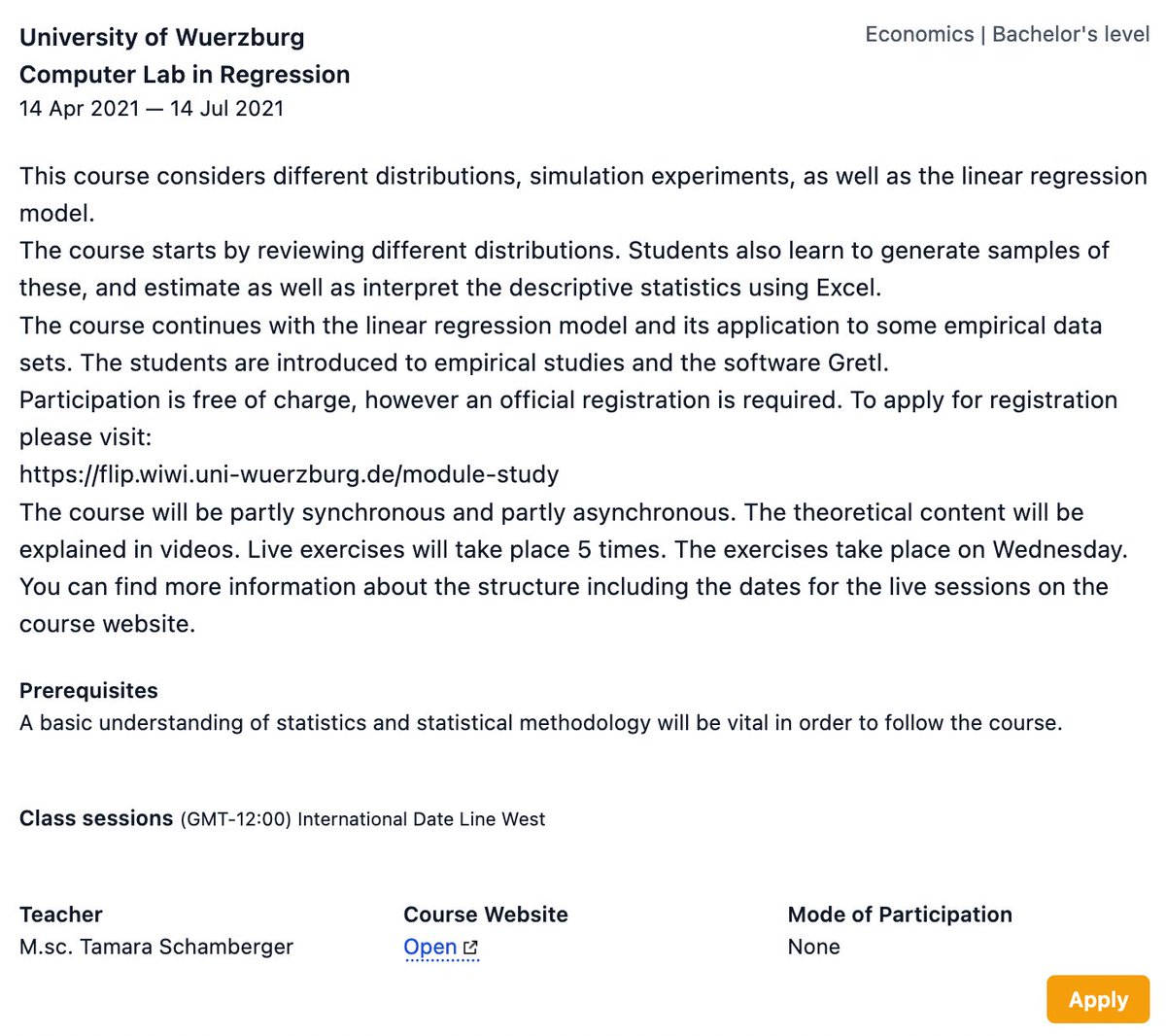 Please RT: If you're a student from a low- or middle-income country interested in learning how to do econometrics with software (Excel and Gretl), here is a great class for you, available for free on remotestudentexchange.org! "Computer Lab in Regression" with Tamara Schamberger
