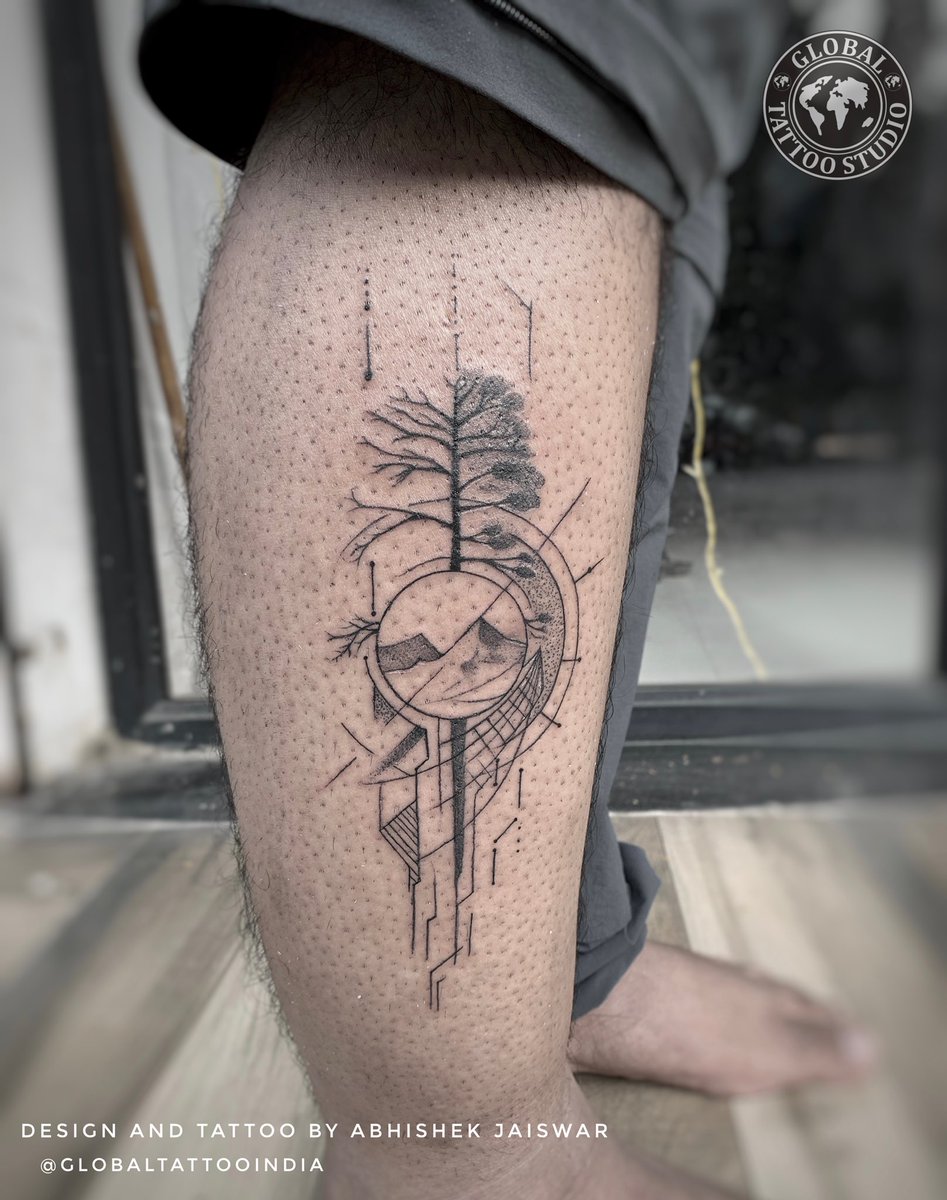 Geometric Travel Tattoo Tattoo by @globaltattooindia . #tattoo #treetattoo  #mountaintattoo #dotworktattoo #traveltattoo #dotworktattoos  #geometrictattoo #abhishekjaiswar #globaltattooindia #legtattoo  #thanetattoo #mumbaitattoo #ink #inked ..., image size:947x1200