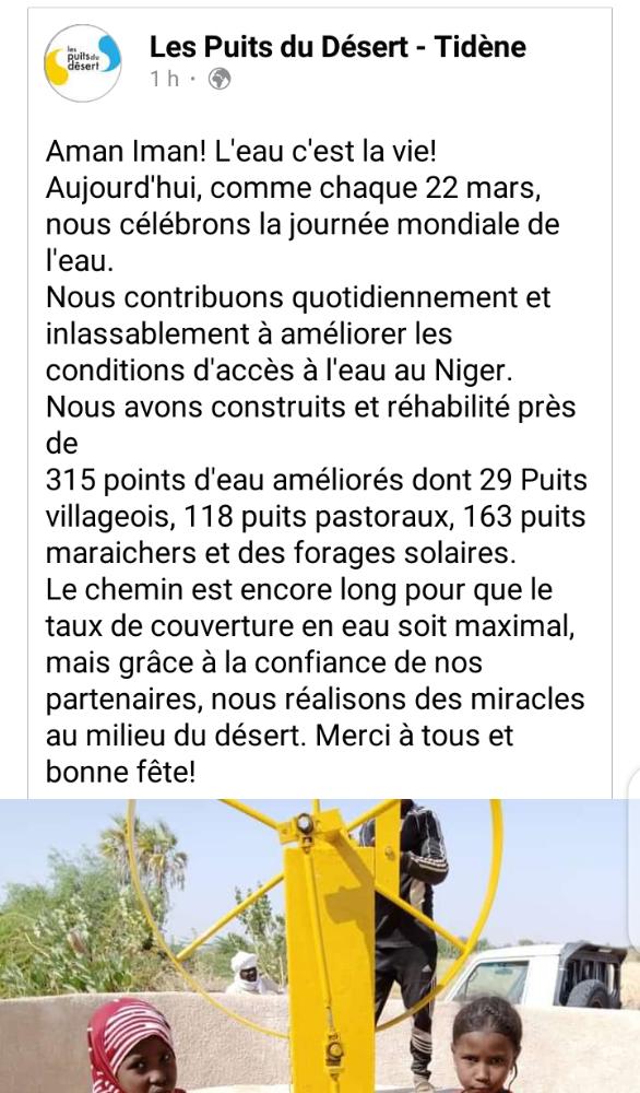 AgadezOng's tweet photo. "Amane Imane" l'eau c'est la vie, autour de chaque point d'eau que nous construisons,une vie se développe, un village s'est crée, un sentiment de gratitude se dégage. Bonne journée mondiale de l'eau https://t.co/q0j0OoEtiq