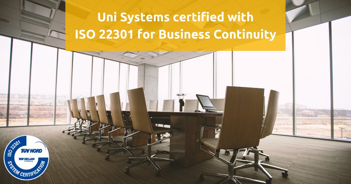 UniSystems_GR's tweet photo. We are happy to announce that #UniSystems was certified with ISO 22301 for its #BusinessContinuity processes. 📋 The #certification highlights the efficiency of our operations and ensures the continuity of our services. 🤩
Big thanks to the involved teams for their hard work! 👏 https://t.co/3pfoZ8IQ2Q