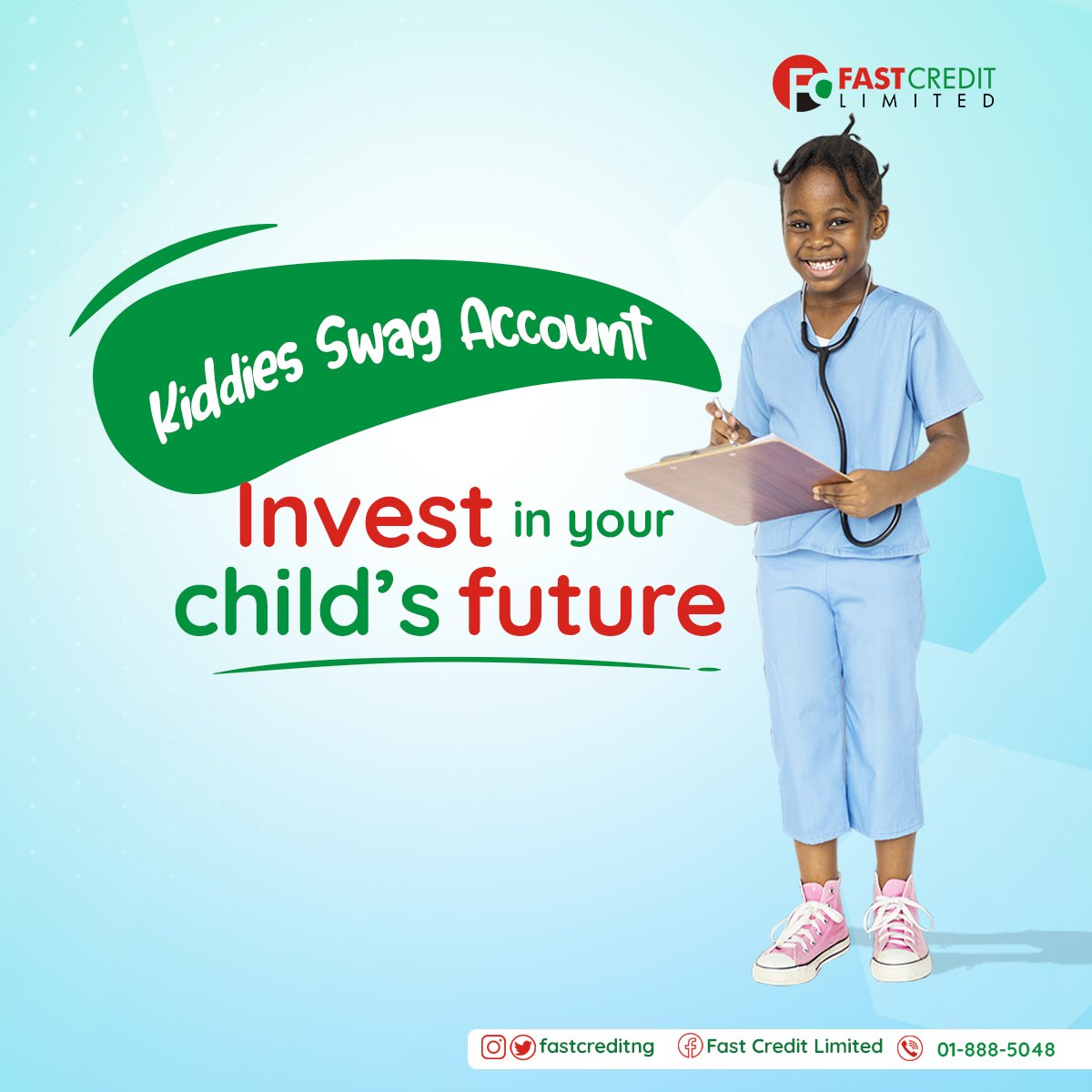 Fastcreditng's tweet photo. The future of our children starts with the investments we make for them today. 
Open a Kiddies Swag Investment Account today and earn up to 9% ROI plus free JSCE/WAEC &amp; Cambridge exam fees. Terms &amp; Conditions apply. Visit https://t.co/fAxO15XdYz https://t.co/RrZAAjlXyz