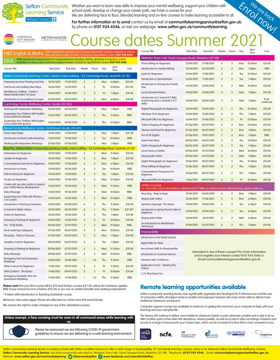 L30Community's tweet photo. Please find below the list of courses being offered throughout summer from Sefton Community Learning Service. 😃 https://t.co/V7I1xrtLo5