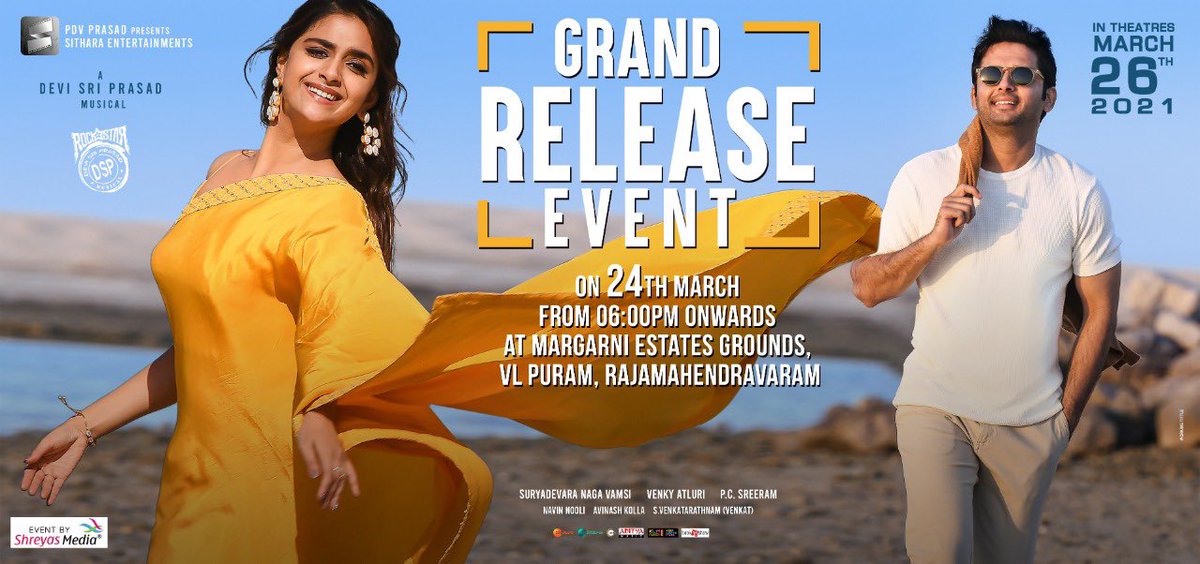 tolly_report's tweet photo. #RangDe Release Event will be held at #Rajamahendravaram on this 24th!
#RangDeOn26thMarch 🌈 https://t.co/YmqdFFsXO0