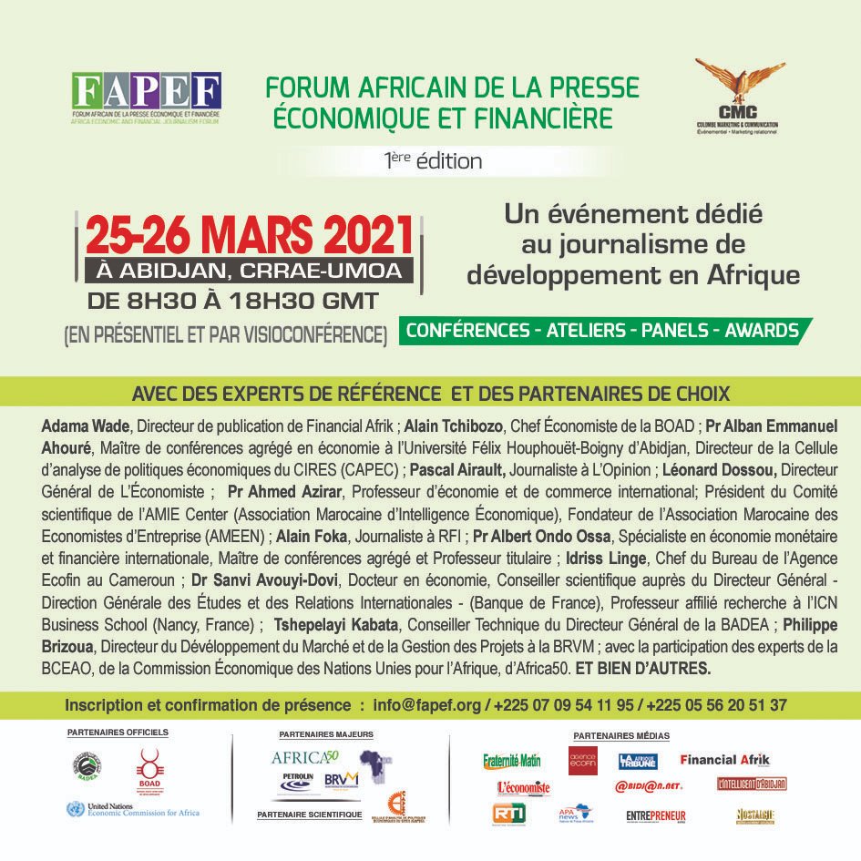 FAPEF1's tweet image. FAPEF 2021, UNE INITIATIVE AMBITIEUSE POUR LE JOURNALISME DE DÉVELOPPEMENT EN AFRIQUE

Inscription et confirmation de présence : 
info@fapef.org
+225 07 09 54 11 95
+225 05 56 20 51 37

#fapef #journalisme #journaliste #finance #Presse  #atelier #Forum #economies #panoramicpixels