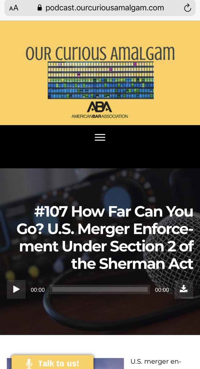 Start your #atspring week w/ a listen of the #ourcuriousamalgam podcast!

Just released is episode #107, featuring <a href="/kwongervin/">Koren W. Wong-Ervin</a> (<a href="/AxinnLaw/">Axinn</a>) speaking w/ <a href="/JohnRoberti1/">John Roberti</a> &amp; me, on U.S. merger enforcement under Section 2 of the Sherman Act:

podcast.ourcuriousamalgam.com/episode/107-ho…