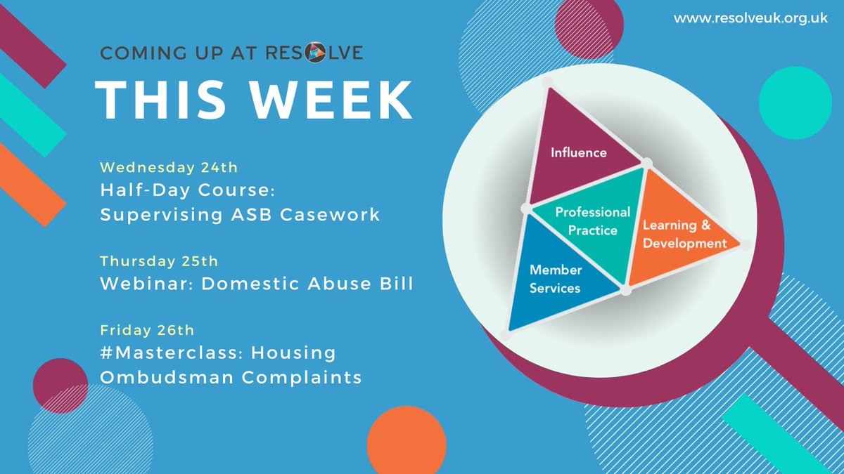resolveasb's tweet photo. This week at RESOLVE:

Wednesday
📌Supervising ASB Casework, half-day course
More info: https://t.co/j8ivSiIA9G

Thursday
📌Domestic Abuse Bill Webinar
Register: https://t.co/IUaqkM4o6o 

Friday
📌#Masterclass
More info + register: https://t.co/Z90EPTHBuJ https://t.co/TkwsZC91Ca