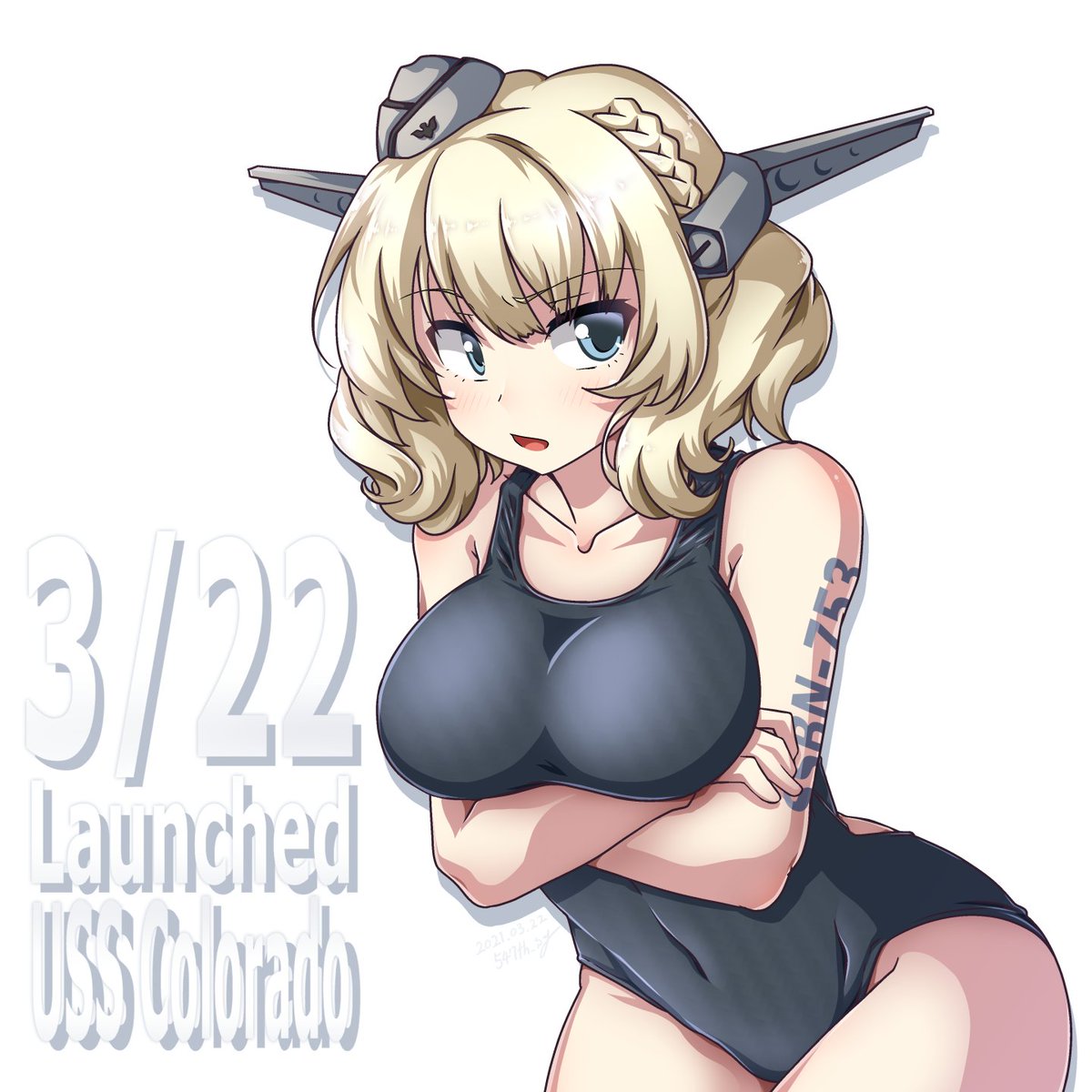 コロラド(艦これ) 「本日が進水日のコロちゃん描きました。
競泳水着姿のコロちゃんと南の島でバカンスし」|547th_syのイラスト
