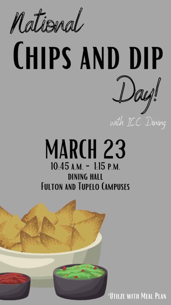 icc_dining's tweet photo. Join us for NATIONAL CHIPS &amp; DIP DAY !!! 

WHEN : TOMORROW during lunch block (10:45 am - 1:15 pm)
WHERE : the dining hall

We hope to see you there! 😍🥳 https://t.co/X89W4gkHwZ