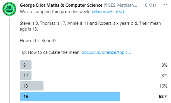 GES_MathsandCS's tweet photo. A massive well done to 68% of you that got last week's #diagnosticquestions poll correct! @GeorgeEliotSch
To find the mean: (8+17+11+x)/4 = 13
Multiply both sides by 4: (36+x) = 52
Subtract 36 from both sides: x = 16
Keep an eye out for this week's poll👀 https://t.co/Rr5p0KyQjj