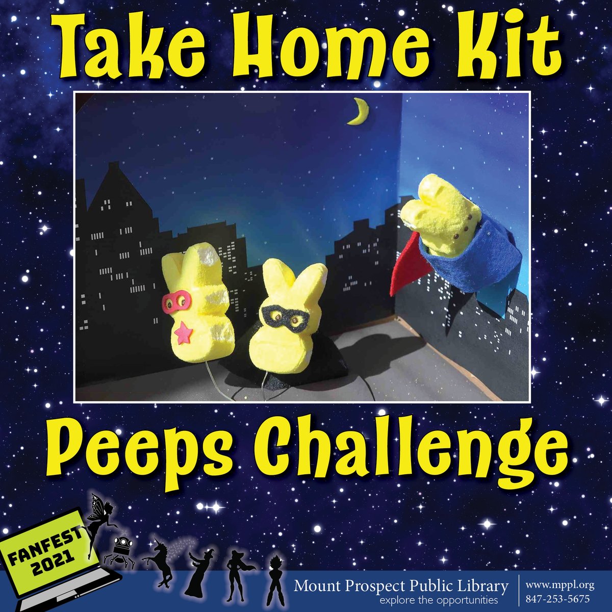 MPPLib's tweet photo. π₯ The Peeps Challenge is on! Pick up a kit at the library or arrange Parking Lot Pickup while supplies last. Create a diorama and share it with your MPPL neighbors on our Padlet. For a quick tutorial, check out our YouTube page. #FanFest2021 #GetCrafty #LibraryFun #DiscoverMPPL https://t.co/TpxSqEhqnI