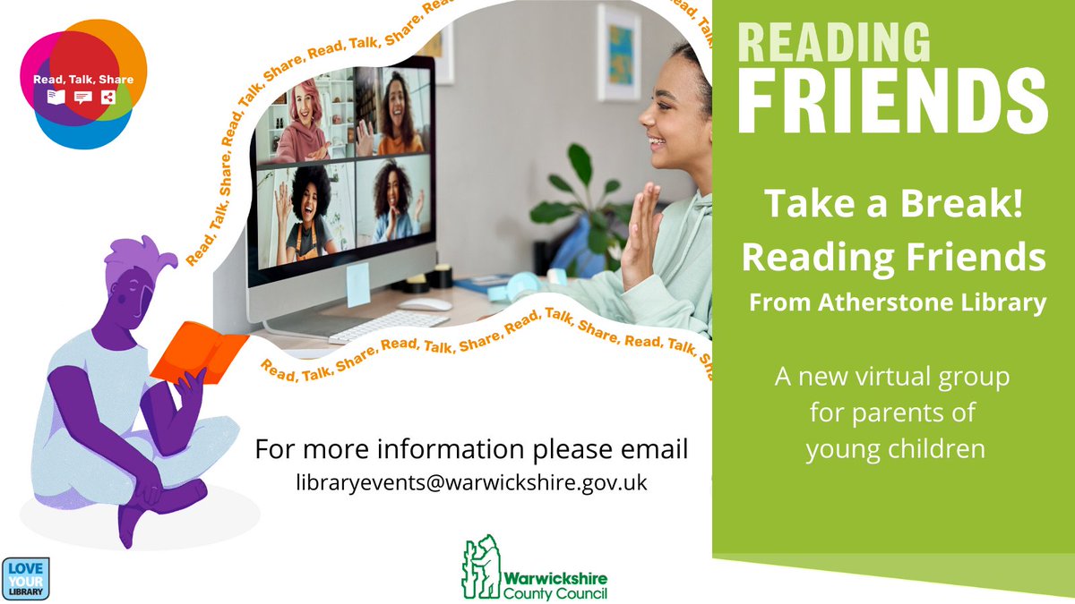 warkslibraries's tweet photo. Announcing our first virtual #ReadingFriends group for parents of young children, hosted by staff from #AtherstoneLibrary.
If you're feeling lonely or isolated, join us for a chat &amp; shared reading
For full details, email libraryevents@warwickshire.gov.uk
#ReadTalkShare @WarksFIS https://t.co/z9GMi2y1yt