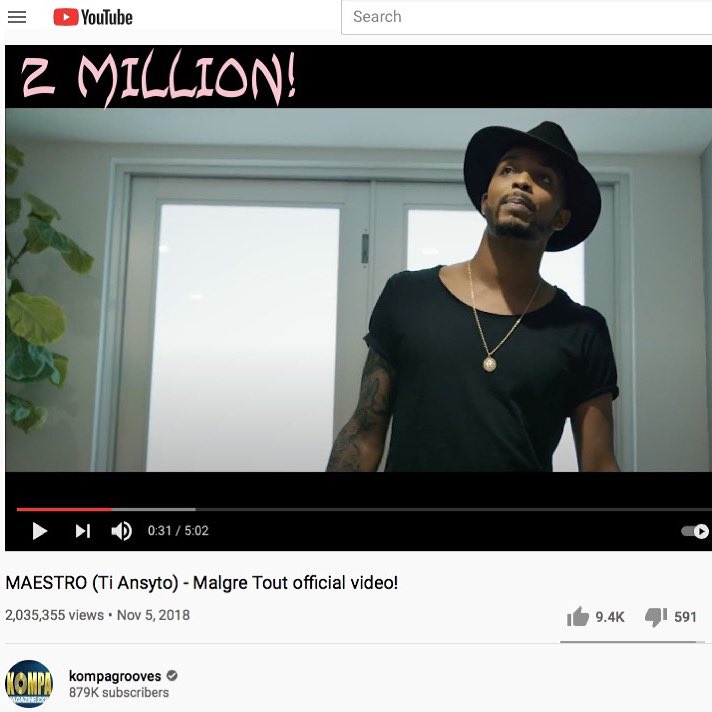 KOMPAMAGAZINE's tweet photo. 2 Million views Pou MAESTRO “Malgré Tout” sou channel YouTube KOMPAGROOVES la. Congrats to the group. Tunecore account maestro $$$ jwenn yon ti tuneup.
#2million #maestro #malgretout #kompagrooves #kompamagazine https://t.co/S1ov6sC9k1