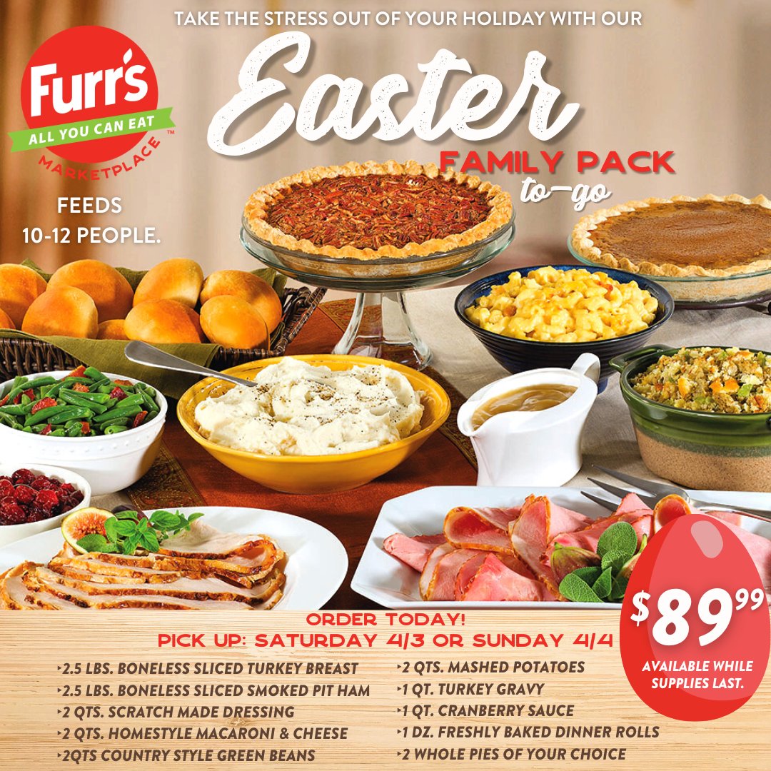Furrs's tweet photo. Take the stress out of your Holiday by ordering our Easter Family Pack to-go! Contact your local Furr's to order now: https://t.co/JqZ65JxMAa 💐🐰🌼🐣 https://t.co/fTaQW0a0vp