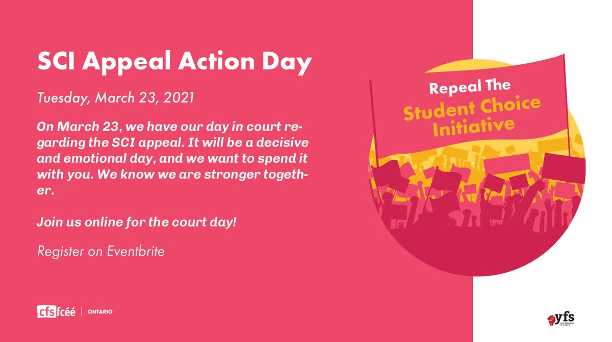 CFSON's tweet photo. On March 23, we have our day in court regarding the SCI appeal. It will be a decisive and emotional day, and we want to spend it with you. We know we are stronger together. Join us online for the court day! @YFSlocal68 #WeTheStudents Register here: https://t.co/D7yNgqYsLd https://t.co/ZnqfUXO4SA