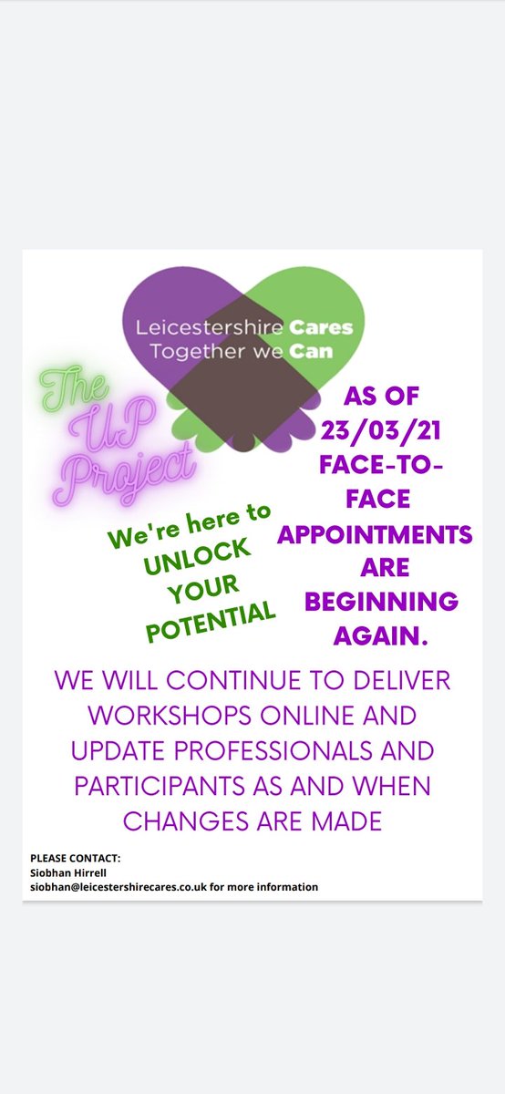 LeicsCares's tweet photo. As of tomorrow face to face appointments and sessions are beginning again. We will still offer online sessions to accommodate to those who cannot meet face to face. #UPProject #unlockingpotential https://t.co/oWVLupQWp2