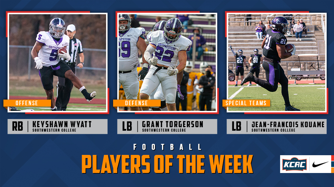 kcacsports's tweet photo. Keyshawn Wyatt, Grant Torgerson, and Jean-Francois Kouame, all of @buildersports, Earn KCAC Football Weekly Honors! https://t.co/0vcmoR5JJn #KCACfb

@sportsinkansas @KansasPregame @KansasSportsNet @OklaSports_Joey @NAIA @NAIAFBALL https://t.co/68nZmnsZvO