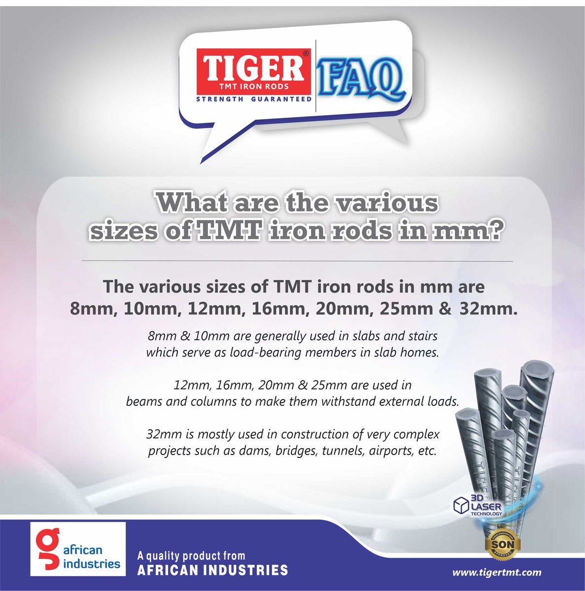 TigerTmt's tweet photo. Do you have questions bothering on TMT iron rods generally?
Check our answers to some of the Frequently Asked Questions (FAQs) on TMT iron rods.
#BuyAGenuineTMT
#LetsBuildTogether
#StrengthGuaranteed
#TIGERTMT
#FAQ https://t.co/U4KizXGcxn
