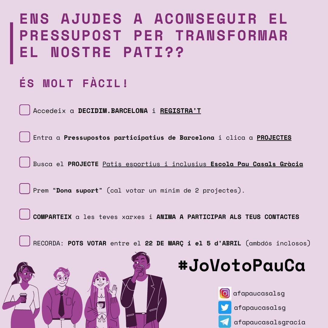 afapaucasalsg's tweet photo. Família. La notícia!: La nostra escola ha estat escollida per un PROJECTE de transformació de PATIS, però, l’assignat no ho cobreix tot. Podem aconseguir el que falta SI GUANYEM EL PRESSUPOST PARTICIPATIU. Aquí us expliquem com AJUDAR-NOS: https://t.co/WfzJ89Ynud  #JoVotoPauca https://t.co/CiQVmppFaf