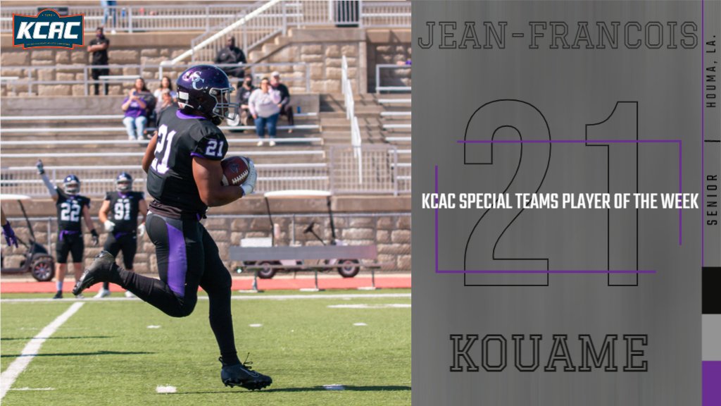 buildersports's tweet photo. Jean-Francois Kouame has been named the KCAC Special Teams Player of the Week!

Kouame took a fake punt 67 yards in for a score for the game's first touchdown on Saturday as @BuilderFootball defeated Sterling 45-17! https://t.co/JlZOQIsaqN