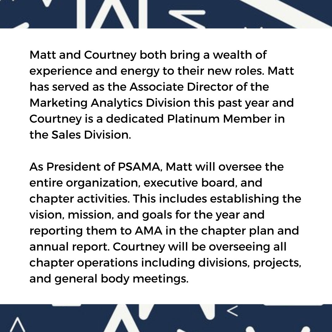 WeArePSAMA's tweet photo. PSAMA is proud and excited to announce next year's President, Matt Lanza, and Executive Vice President, Courtney Arcidiacono! https://t.co/1c2FpgRjUy
