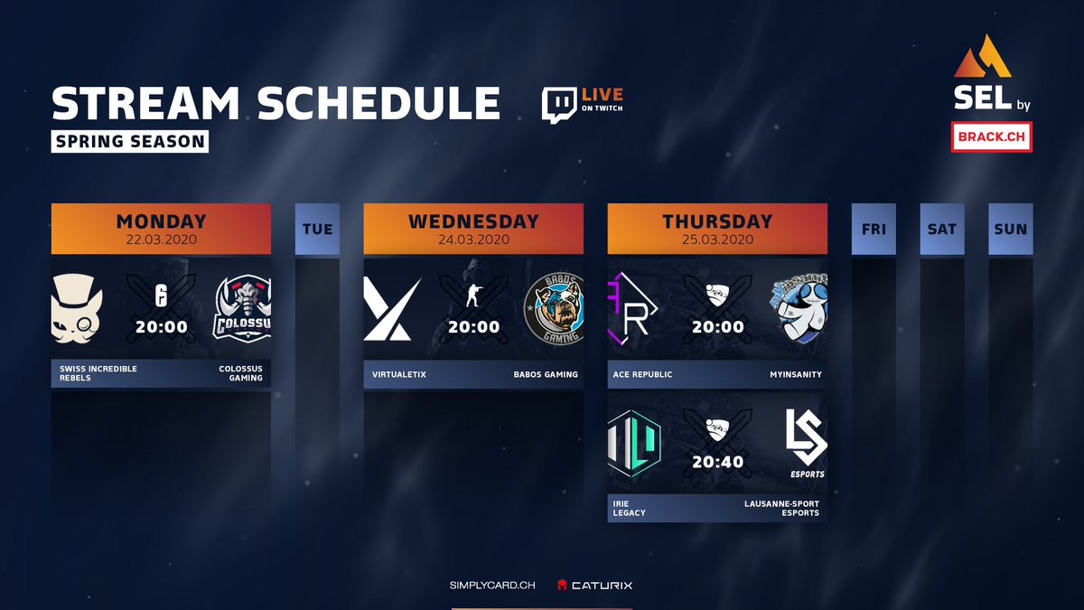 esportsleaguech's tweet photo. Let the #SELSpringSeason๐ธ begin!
๐บ And we'll bring the action live and direct to your living room
Today: #R6S
@SwissIncRebels โ๏ธ @ColossusGamingE
24.03. #CSGO
@virtualetix โ๏ธ @BabosGaming
25.03. #RocketLeague
#AceRepublic โ๏ธ @mYinsanityCH
@IrieLegacy โ๏ธ @lausanneesports https://t.co/vBO9JRl7pb