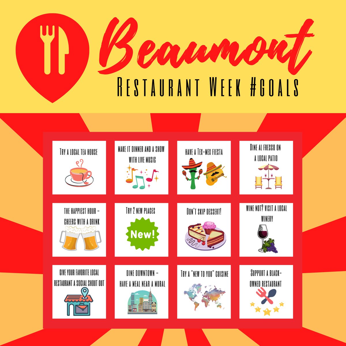 VisitBeaumontTX's tweet photo. Ya'll asked for it.... back by popular demand, some new goals for the remainder of Restaurant MONTH. Go get it. #eatbmt https://t.co/nRJQCL5m9U
