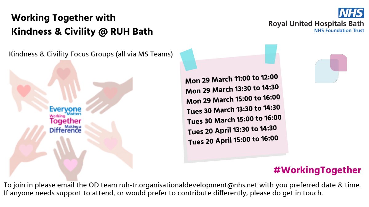 ODteam_ruh's tweet photo. We are starting a conversation about kindness &amp; civility among @RUHStaff &amp; how to make this flourish.
We will be holding focus groups to hear from you. These are open to all colleagues &amp; we would like to hear from as many of you as possible. To book see below.
#WorkingTogether https://t.co/hrzTHzrN5v