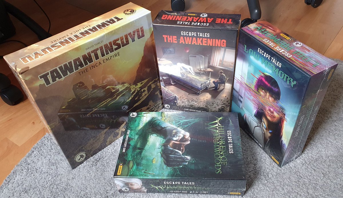 Four boardgames from Board & Dice. Three from the Escape Tales series (The Awakening, Low Memory and Children of Wyrmwoods) and Tawantintsuyu.